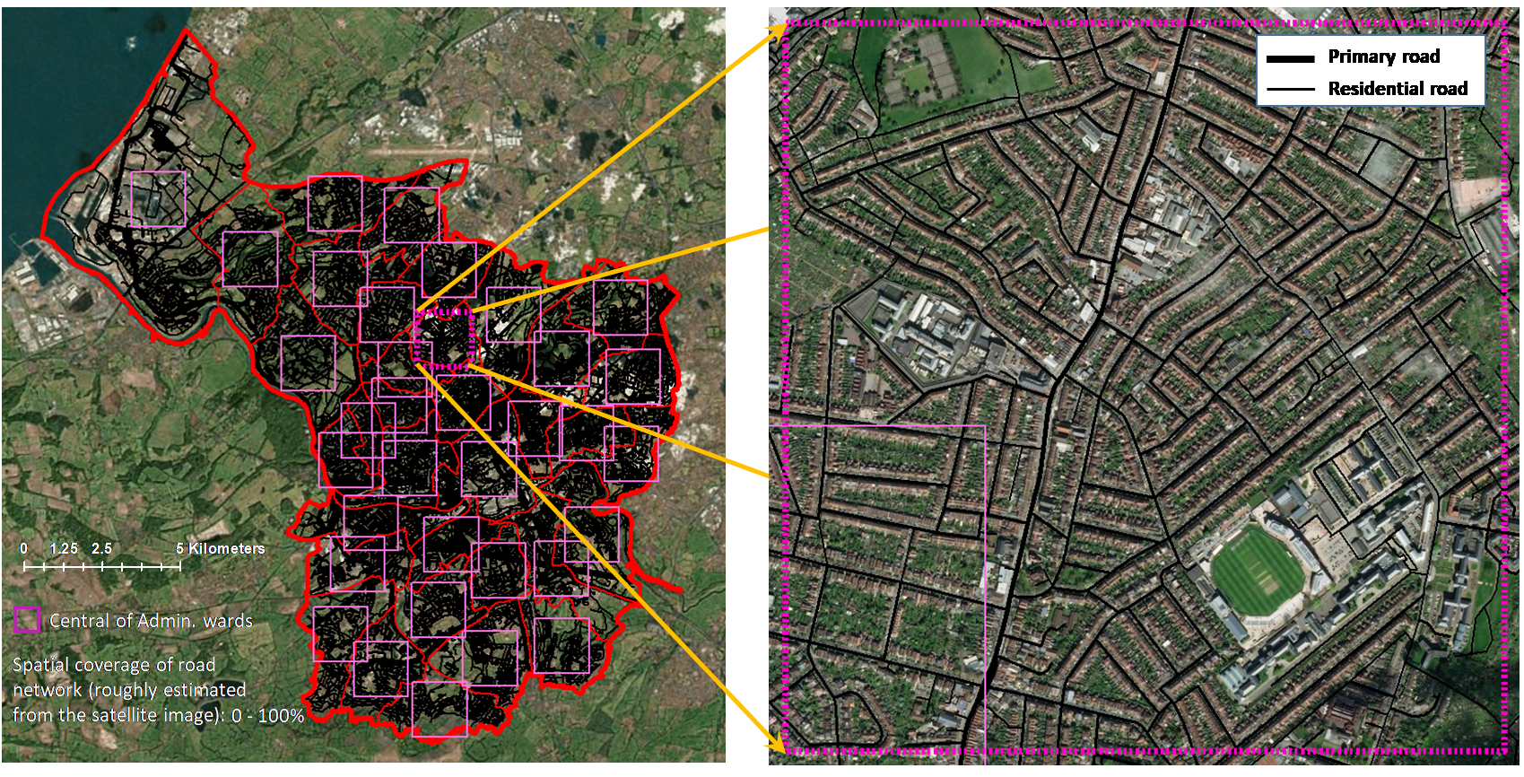 (a) The OSM map of Bristol, with 2km x 2km grids placed at the centre of each administrative ward, and (b) the 2km x 2km grid at the centre of Bishopston administrative ward
